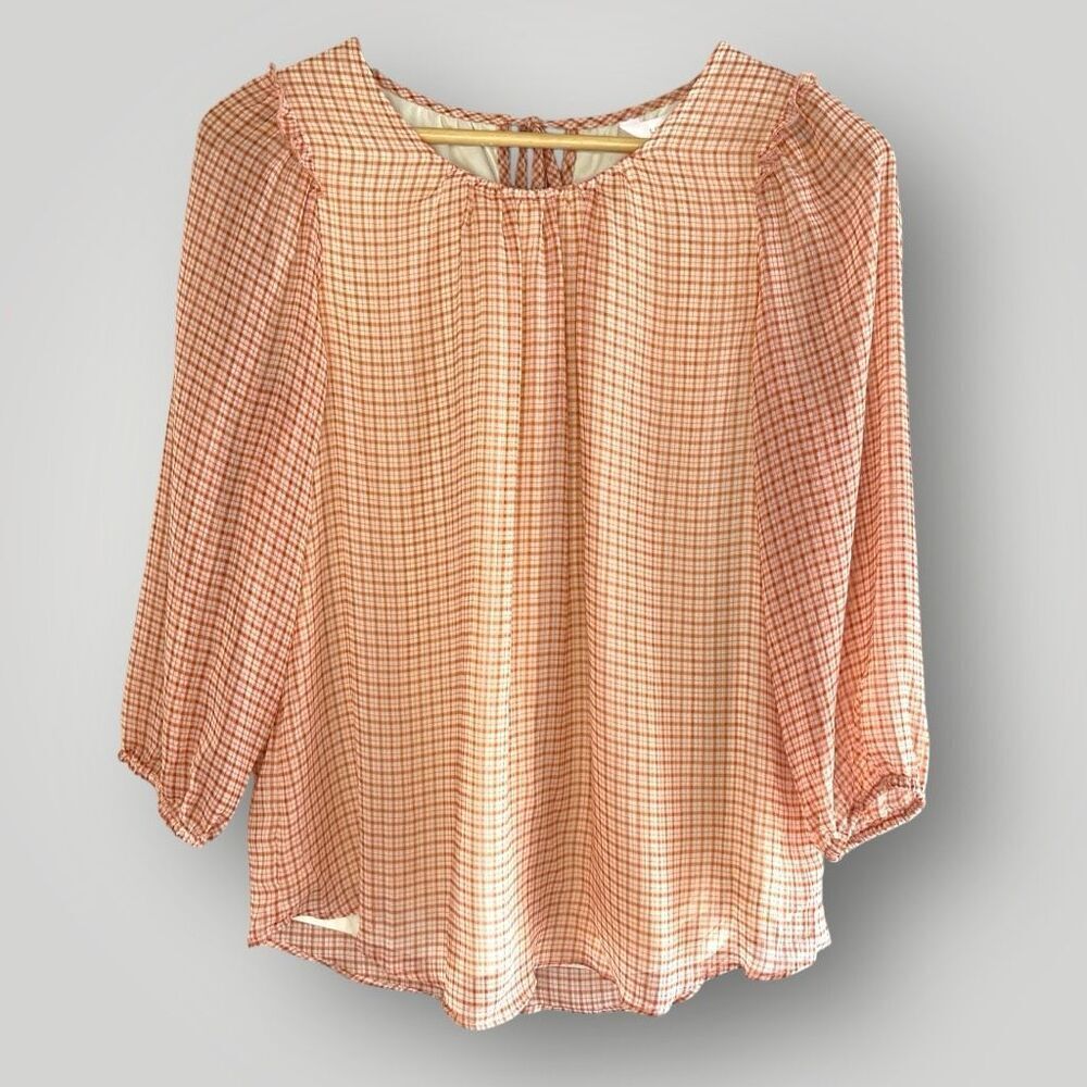 LC Lauren Conrad Peach Plaid Peasant Blouse